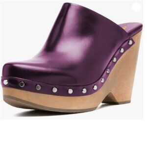 FYS Purple Round Toe Slip on Mules Rivet Studded High Heel Wedges Party Shoes